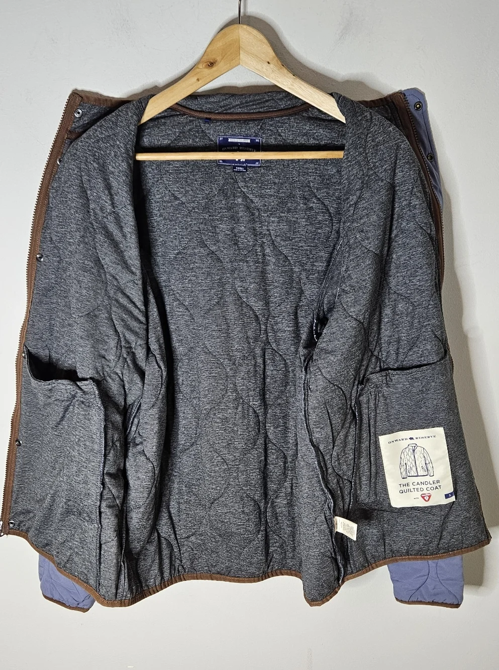 Onward Reserve Candler Quilted Coat Permaloft Blue Gray Zipper Snap Men's S